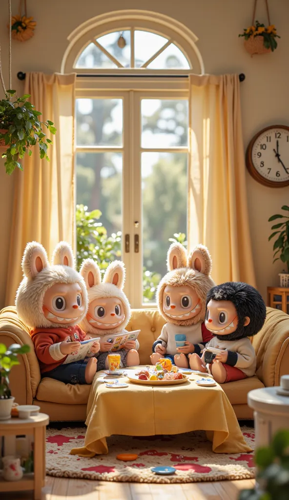 Labubu and friends sit together in a bright, cozy room, trying to pass time while fasting. They smile and encourage each other, some reading a book, others playing simple board games. Sunlight streams through the window, and a clock on the wall shows mid-d...