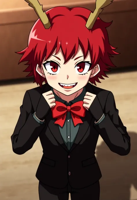 anime screencap, absurdres, High quality,  official style,1 , Alastor \(Hazbin Hotel\), Alastor, red hair,   red sclera , red eyes, sharp teeth,  smiling, yellow teeth, antlers, pale skin, animal ears,  cleft pupils , bow, bowtie, I wore a, red I wore a,  ...