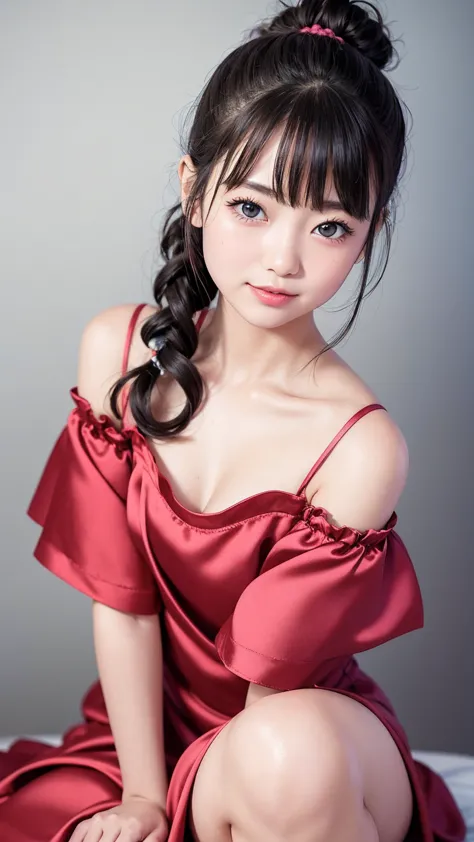  photo realistic, adorable,japanese girl,  , scrunchie, ,   double eyelids,, glossy lips, ,   ,, (satin dress),,     (smile:0.5),,  looking at viewer,     high details, high quality, 