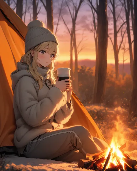  A professional outdoor photograph of a beautiful young blond woman camping in the woods;  She is wearing a fleece jacket ,  sweatpants and a gray wool hat ;  she is sitting outside her orange tent ; She holds a cup of coffee ; small campfire ;  winter sea...