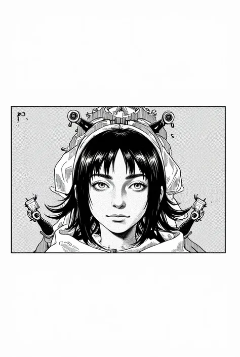 A Nun she is in front, with a serene look ,( black and white manga art style)