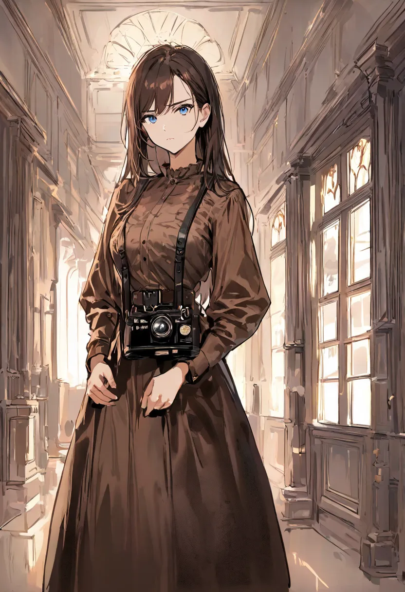 1girl, female, unhappy, tall, long hair, loose hair, brown hair, brown shirt, brown skirt, black stockings, blue eyes, 20th century camera, camera hanging around neck on belt, Victorian era, novel style, look at viewer, hallway of mansion is background, se...