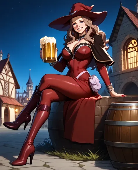 (best quality, 8k, highres, masterpiece:1.2), ultra-detailed, ultra sexy (cana)), ((Full body picture)) of cana) wearing detailed (Vanessa Enoteca sexiest scarlet dress, Scarlet witch hat, scarlet long boots and black short mantle), sitting in a barrel of ...