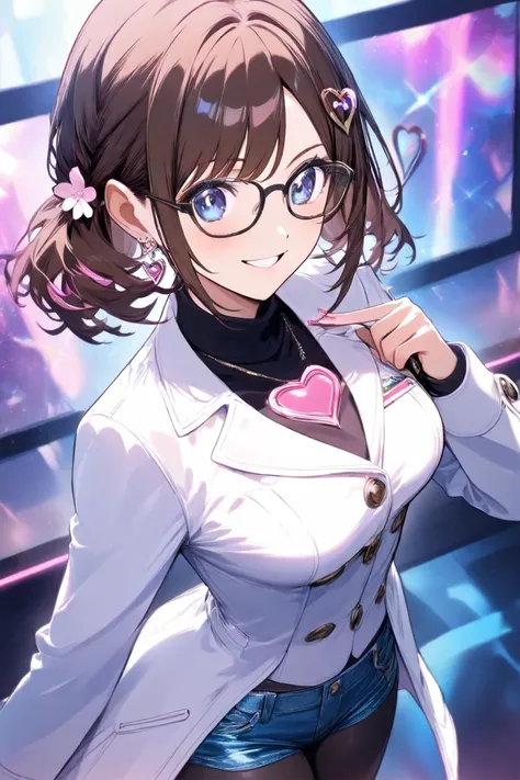 Standing at the podium　teacher　long brown hair　  pink flower hair ornament  　 medium breasts　pink heart sign　denim hot pants　 black tights　 white coat　 blushes, smiles,high definition, square black rimmed glasses　holding a stick in hand　Bust Emphasis