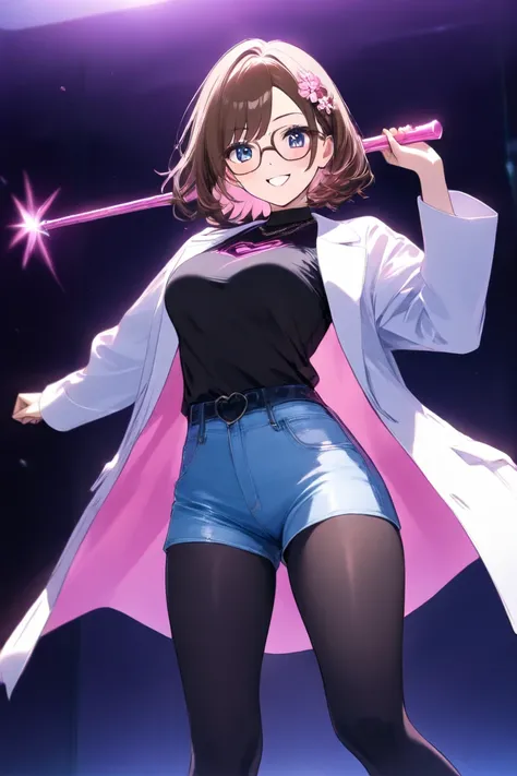 Standing at the podium　teacher　long brown hair　  pink flower hair ornament  　 medium breasts　pink heart sign　denim hot pants　 black tights　 white coat　 blushes, smiles,high definition, square black rimmed glasses　holding a stick in hand　Bust Emphasis