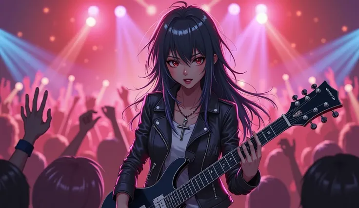 A female anime rock star girl on stage, black hair with reflections, closed leather jacket, a crucifix hanging around his neck,  electric guitar, playing a single, concert atmosphere, Crowd cheering up , dynamic lighting, vibrant colors, with Christian ele...