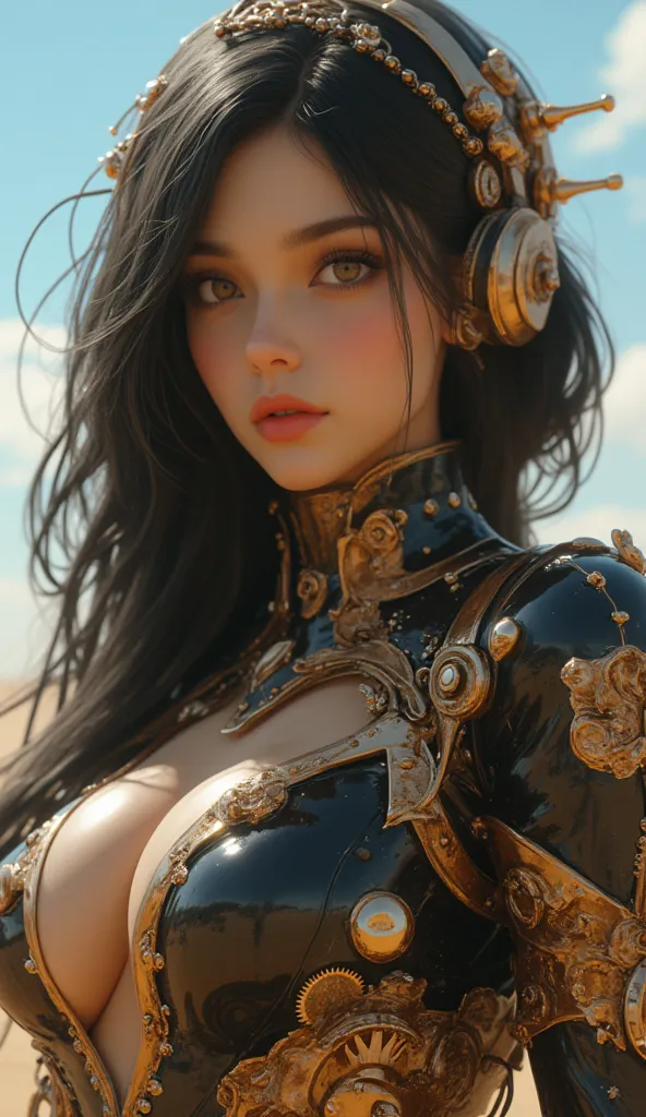 An intricate image detail of retro-futurism, young,mature female, ethreal captivating beauty, very beautiful, divine beauty voluptuous slender body, perfect shinny skin,wear black long straight thick hair,victorian-era steampunk clothings With the gadgets ...