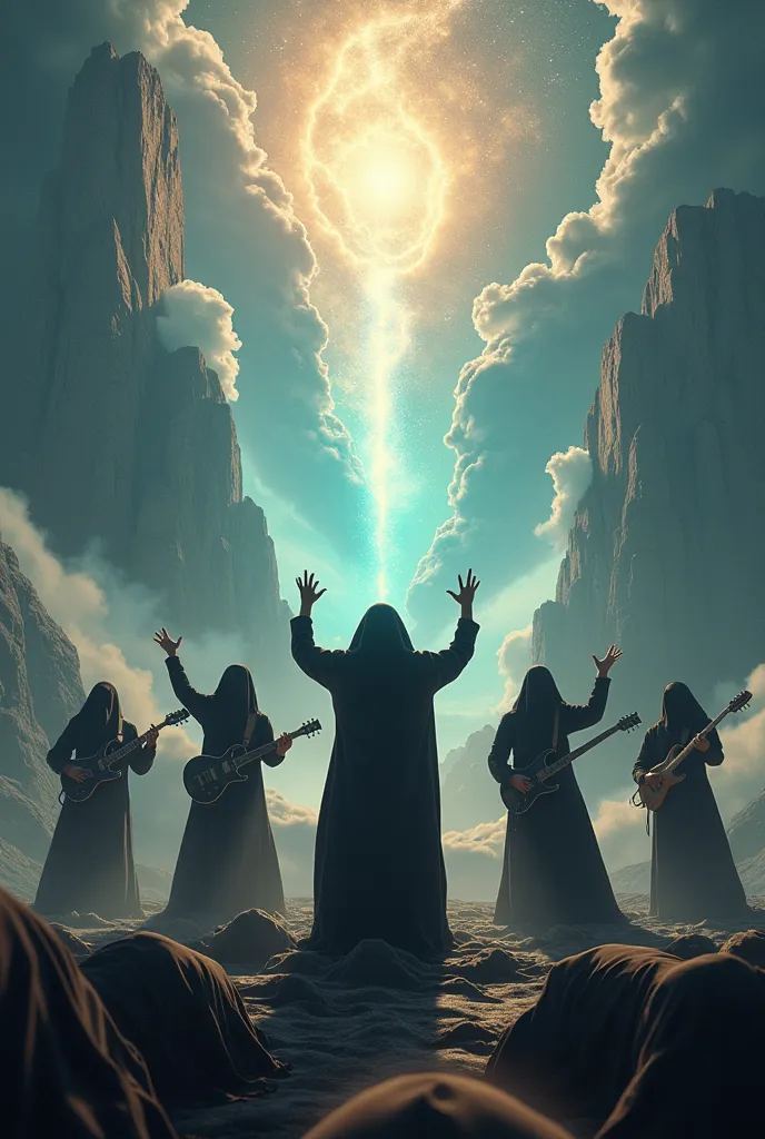 Group of religious Islamic metal bands were posing an epic landscape on the background stage, etc.
! 1. Guitarist plus vocalist
2. Drums
3. Bassist
4. Electro pianist
 Some raised both hands and some looked up at the sky, Some bow their heads, some prostra...