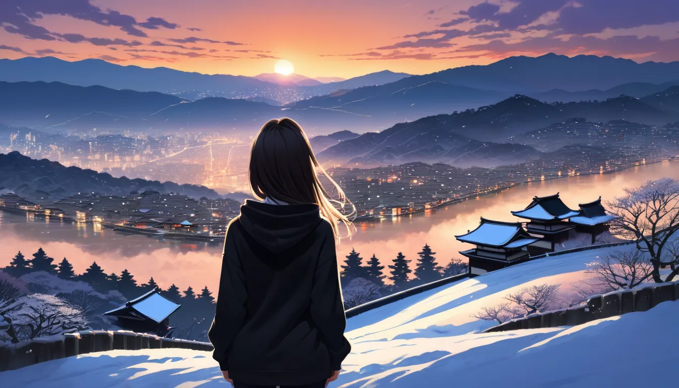 ( slim beautiful girl seen from behind 1 .2)、( beautiful medium length straight hair from behind 1.2)、((Only 1 person))、black hoodie、black pants、( Kyoto snowy landscape from the top of the hill 1.4)、sunset、Silhouette Art, by alena aenami, Strengthen, compl...