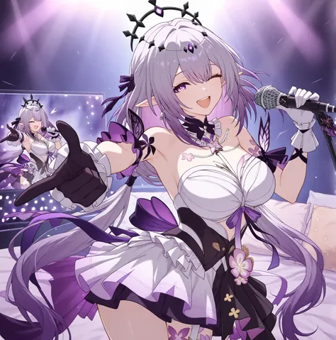 Masterpiece,castorice honkai star rail cabello blanco, purple eyes shirt,Star (symbol), microphone, a closed eye, Gloves, supporting el  microphone, pillow,  smile,supporting, Open your mouth, idol,  pointing to ,  pointing to  at viewer