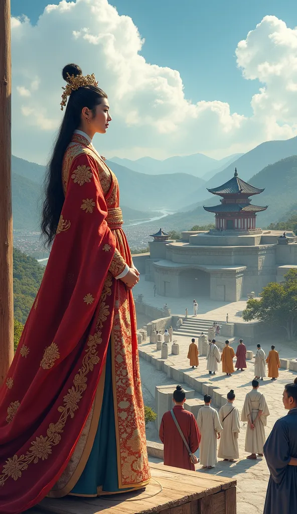 "A hyper-realistic image of Queen Seondeok of Silla standing on a wooden observation platform, overlooking the construction of the Cheomseongdae Observatory, fully dressed in historically accurate 7th-century Korean royal attire. She wears a majestic crims...