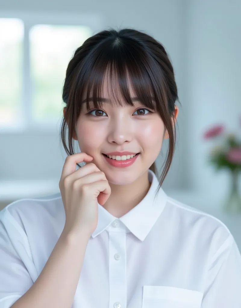 Ultra-high resolution, ultra-high quality smartphone selfie. A young and beautiful Japanese woman wearing a plain white nurse's uniform and smiling gently in a hospital examination room.