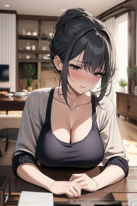 top quality, masterpiece, high definition, 8k, (1 girl ), Alone. sexy, (bust shot), (A casual room arrangement), black bun hair, Mature Woman, ((( tired look))), living room,  and get to the table, chair, Sigh, Beautiful breasts, Poke your elbow against th...