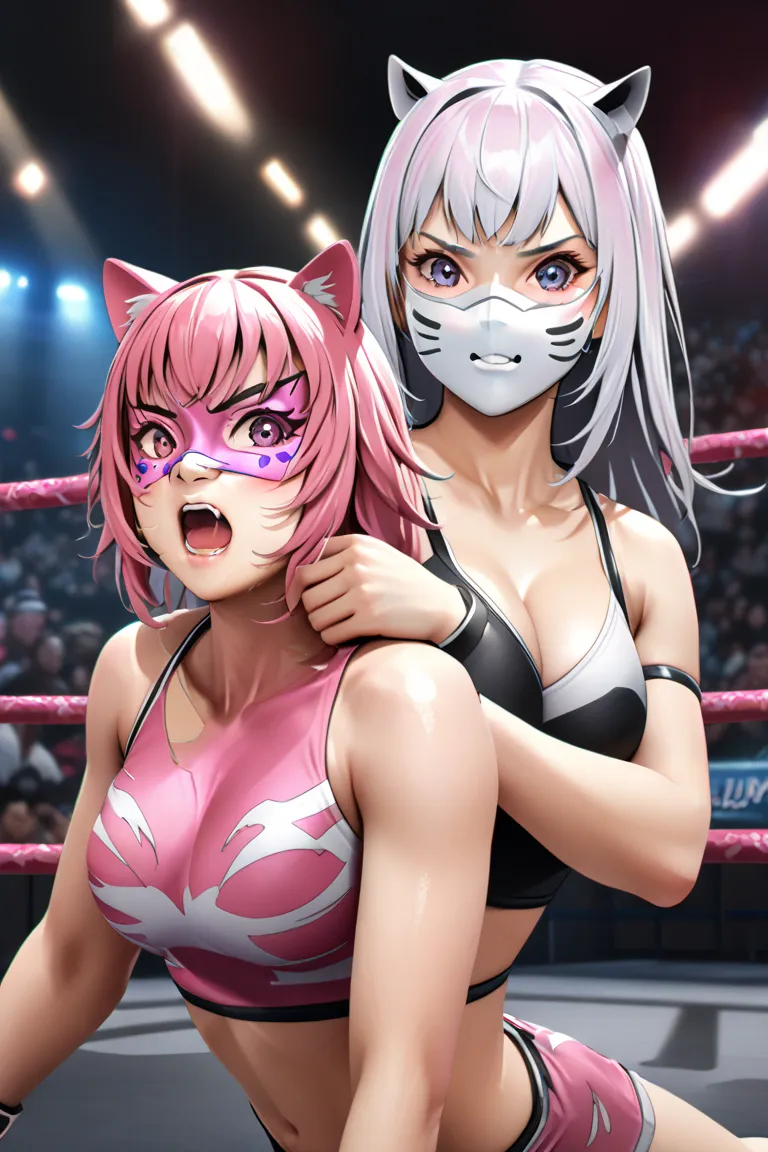 Two female wrestlers, one wearing Pink Tiger Mask and the other wearing Black Tiger Mask ripped off Pink Tiger mask by Black Tiger,Pink Tiger mask have Camel Clutch by Black Tiger,masterpiece, Unity 8k wallpaper, photorealistic, detailed face, 