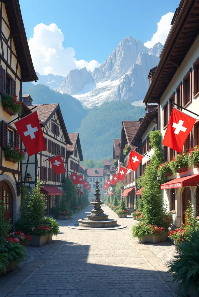 I need to create a square in Switzerland, there shouldn't be people there, must have Swiss flags.