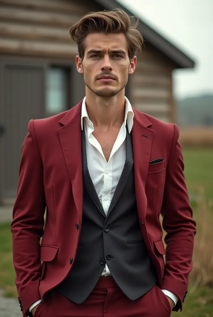 Create an ultra-realistic image of a young and handsome male man, who wears the elegant and characteristic clothes of someone who is a millionaire but who has different clothes and different colors that combine and contrast well and who poses for a photogr...