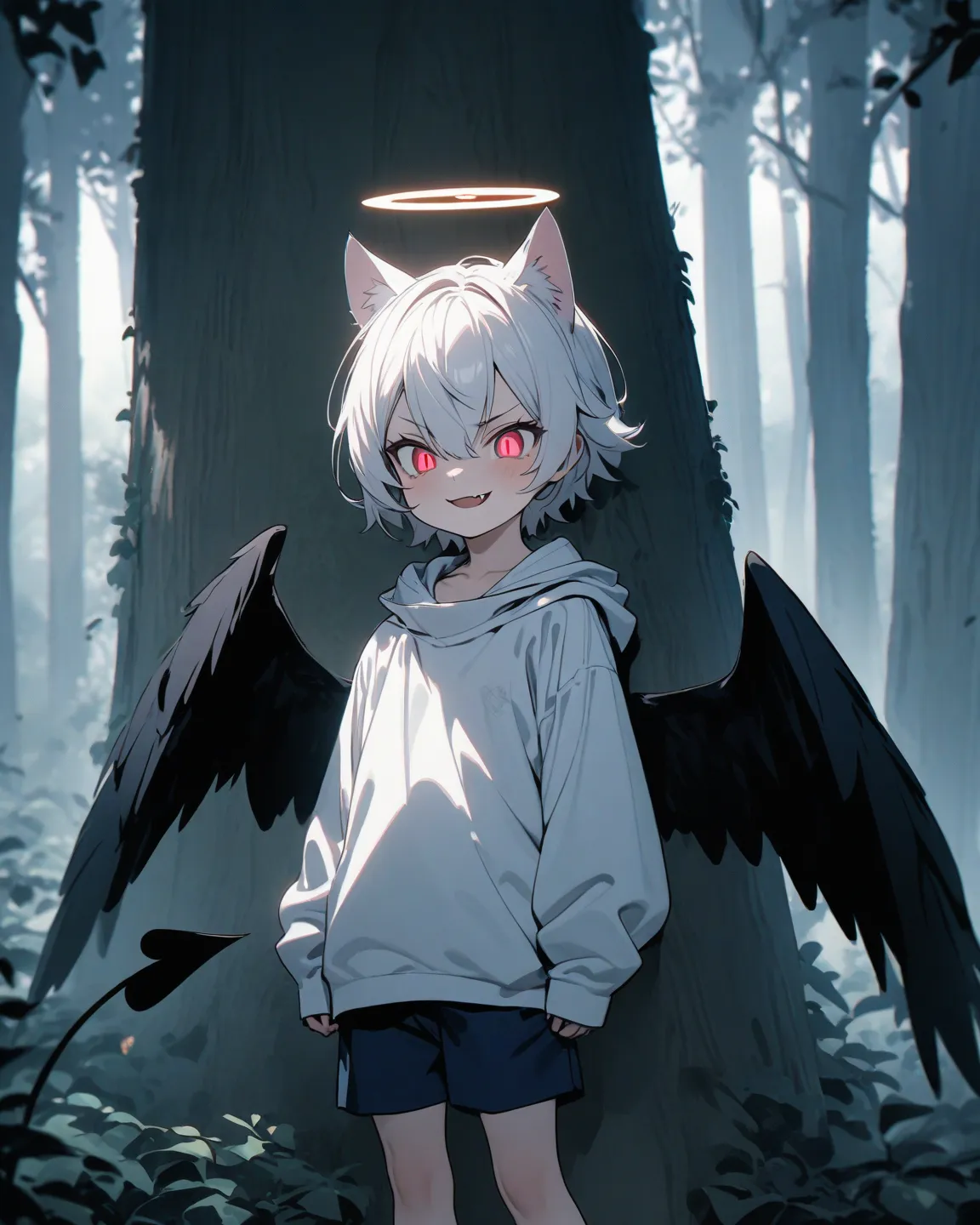 （Masterpiece：1.2，High quality），8K，high resolution， a seven-year-old boy，cute boy，White hair，short hair，light red eyes， cleft pupils ， choke，cat ears， evil smile ， Fang outside ，halo， He has black wings on his back .，wearing a white sweatshirt ，dark blue sh...