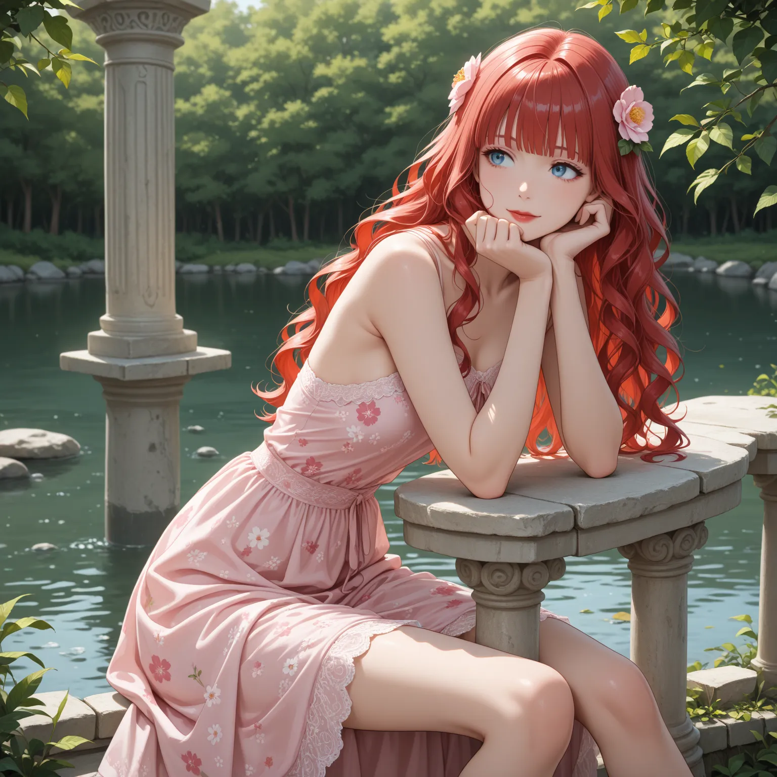 (masterpiece, best quality, very aesthetic, absurdres, highres:1.2), fantasy, 1girl, blue eyes, blunt_bangs, red hair, long hair, wavy_hair, hair flower ornament, red_lips, pink dress with floral print, bare_shoulders, head_rest, light_smile, sitting, look...