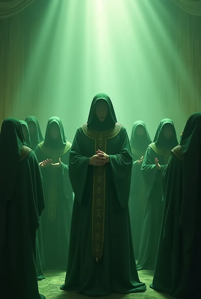 Group of religious bands dressed in dark green colors and cloaked in an epic atmosphere on the stage that has radiant positive energy