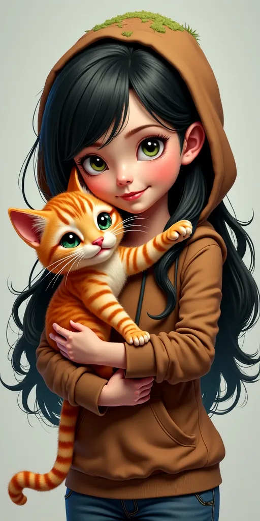 Comic style, cute ginger cat, playing with cat, adorable smile, long black hair, green eyes, detailed face, hoody, jeans, realistic, photorealistic, high quality, detailed background, natural lighting, vibrant colors, fantasy art, intricate details, master...