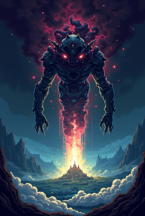 Design a hybrid creature of biotechnology and ancient energy, inhabitant of a corrupted utopian forest.  The beast must show mechanical and organic elements fused with visible magical energy.  Forest background with advanced technology and ancient ruins. T...