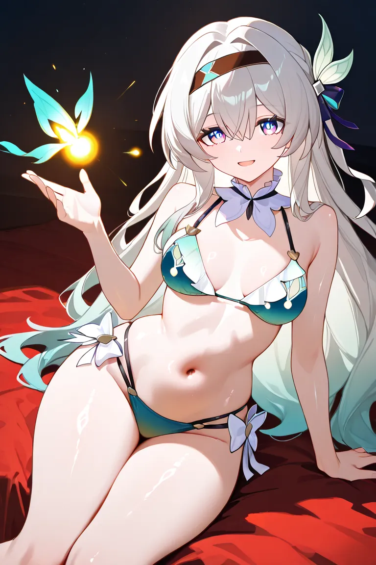 Masterpiece,firely honkai star rail, Alone , light smile,avergonzaDa ,(animaDora,bikini),,( focus), thick thighs ,shiny skin ,:D,firefly_\( honkai:_Star_Lane\), white flor,DiaDema,miranDo_en_espectaDor