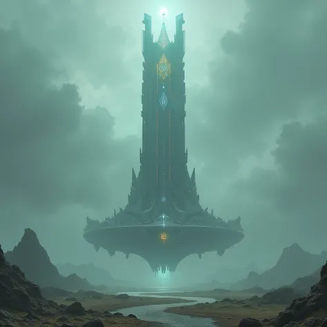 A barren floating island with a huge arcane tower at it's center, cyberpunk, no background