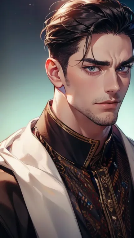 (    best quality,4K,8k,     highres,    masterpiece :1.2),    ultra-detailed    ,(Realistic,photoRealistic,photo-Realistic:1.37),36-year-old man,3 day beard,Beautiful anime,Portraits,strong,masculine,      with black hair  ,sharp jaw,         mesmerizing ...