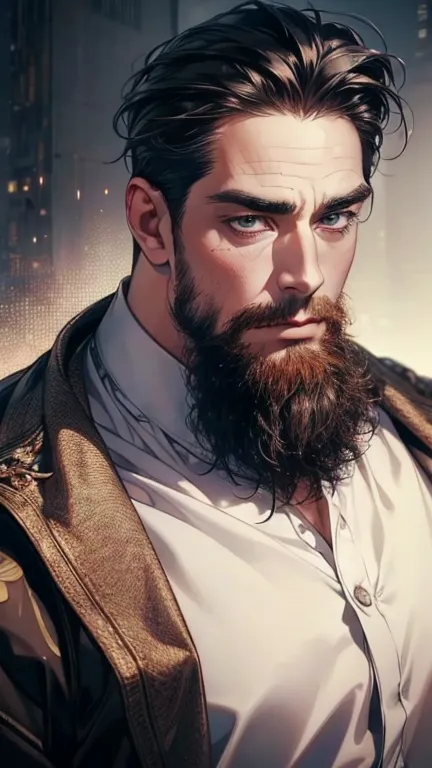 (    best quality,4K,8k,     highres,    masterpiece :1.2),    ultra-detailed    ,(Realistic,photoRealistic,photo-Realistic:1.37),36-year-old man,3 day beard,Beautiful anime,Portraits,strong,masculine,      with black hair  ,sharp jaw,         mesmerizing ...