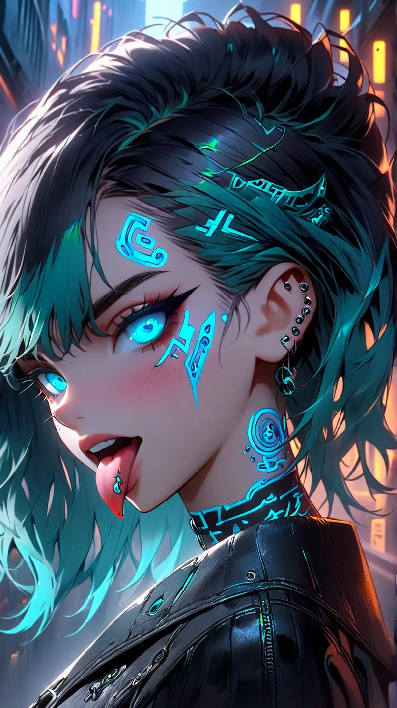 tongue，gal， earrings， black, Neon-Tattoos, turquoise hair,  blacker eyeliner, piercings, 