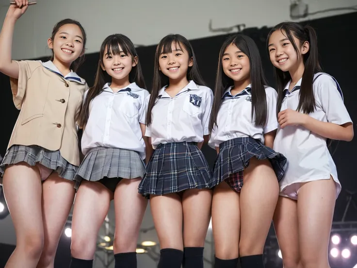  nsfw, Highest quality、 masterpiece、super high definition、((On the stage of an idol concert))、Spotlight、(realistic:1.4)、RAW photo、very detailed、very detailed skin、physics-based rendering sticking out of a swimsuit、((Five junior high school girls:1.5))、((we...