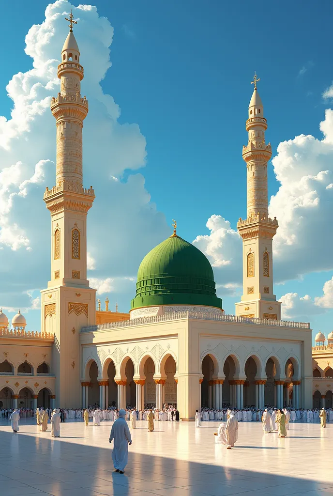 "A beautiful and detailed digital painting of Masjid-e-Nabawi in Madinah, Saudi Arabia, featuring the iconic green dome and towering minarets under a bright blue sky with scattered clouds. The mosque's architecture is illuminated by golden sunlight, and wo...