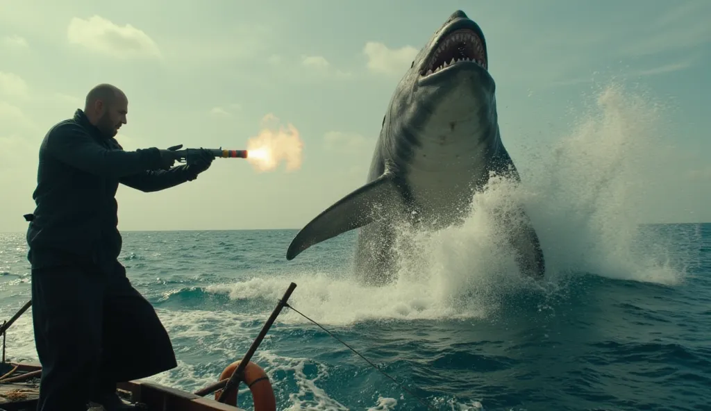 Final Confrontation - Jason Statham vs. Megalodon 🔥)

Scene: Jonas stands on a sinking ship, gripping a harpoon gun with explosive rounds, staring down the Megalodon as it charges toward him.

Camera Angle: Epic low-angle hero shot, wind and water blasting...