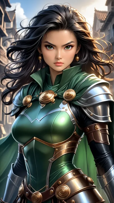 A young Asian warrior woman of tall, imposing stature, wearing shiny bronze armor that highlights her strong, feminine muscles. Her face is of rare beauty, with elegant features and an expression of determination and strength. Her skin is extremely milky w...