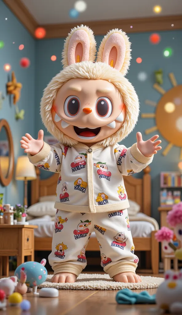 A cute cartoon character named Labubu wakes up in bed, looking surprised. His body starts growing rapidly, his hands and feet becoming giant. The room is filled with small furniture, making Labubu appear enormous. His pajamas have "MADECI" written on them....