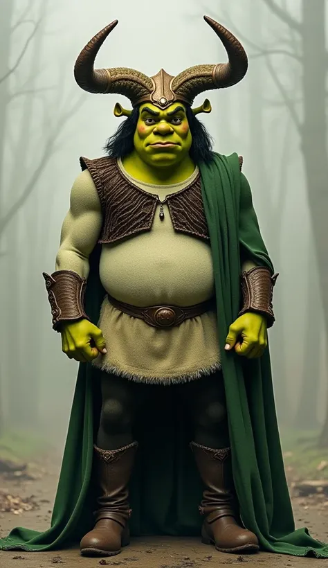 Marvel's Loki with the Shrek-version horned helmet walking toward the full body camera