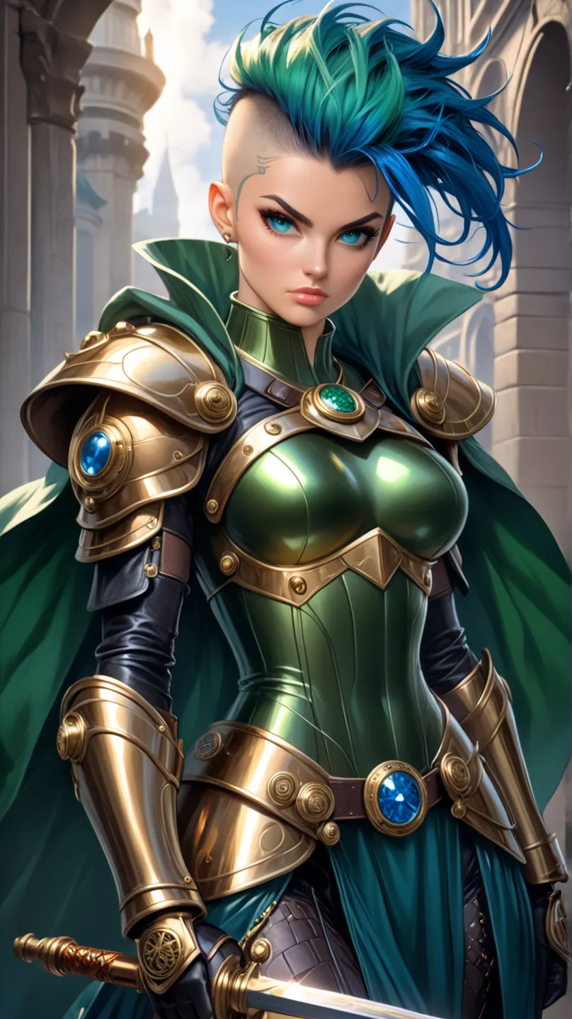 A young, tattooed English punk warrior woman of tall, imposing stature, wearing shiny bronze armor that highlights her strong, feminine muscles. Her face is of rare beauty, with elegant features and an expression of determination and strength.
Her tattooed...