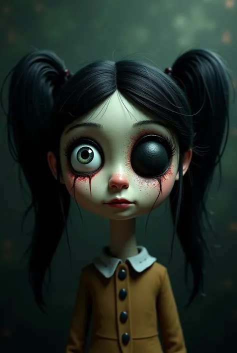 Creepy Coraline style,her hair was in ponytails and one of her eyes was a button