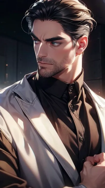 (    best quality,4K,8k,     highres,    masterpiece :1.2),    ultra-detailed    ,(Realistic,photoRealistic,photo-Realistic:1.37),36-year-old man,3 day beard,Beautiful anime,Portraits,strong,masculine,      with black hair  ,sharp jaw,         mesmerizing ...