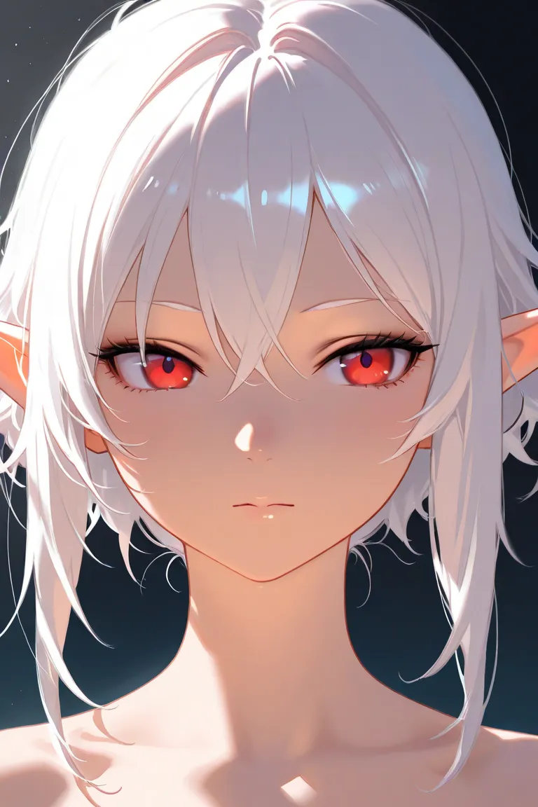 An elf woman, red eyes, white hair and elf ears, Indifferent face and hunter's eyes, your shoulders and neck are bare, short hair over the shoulders, Short and messy hair.