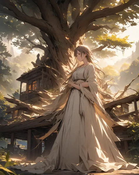  Fine lines and soft colors create a dreamy effect., A fleeting impression .., a woman、 Old Tree House  、 A girl holds an iron sword  、beautiful、 fancy 、 fancy  皮の鎧、