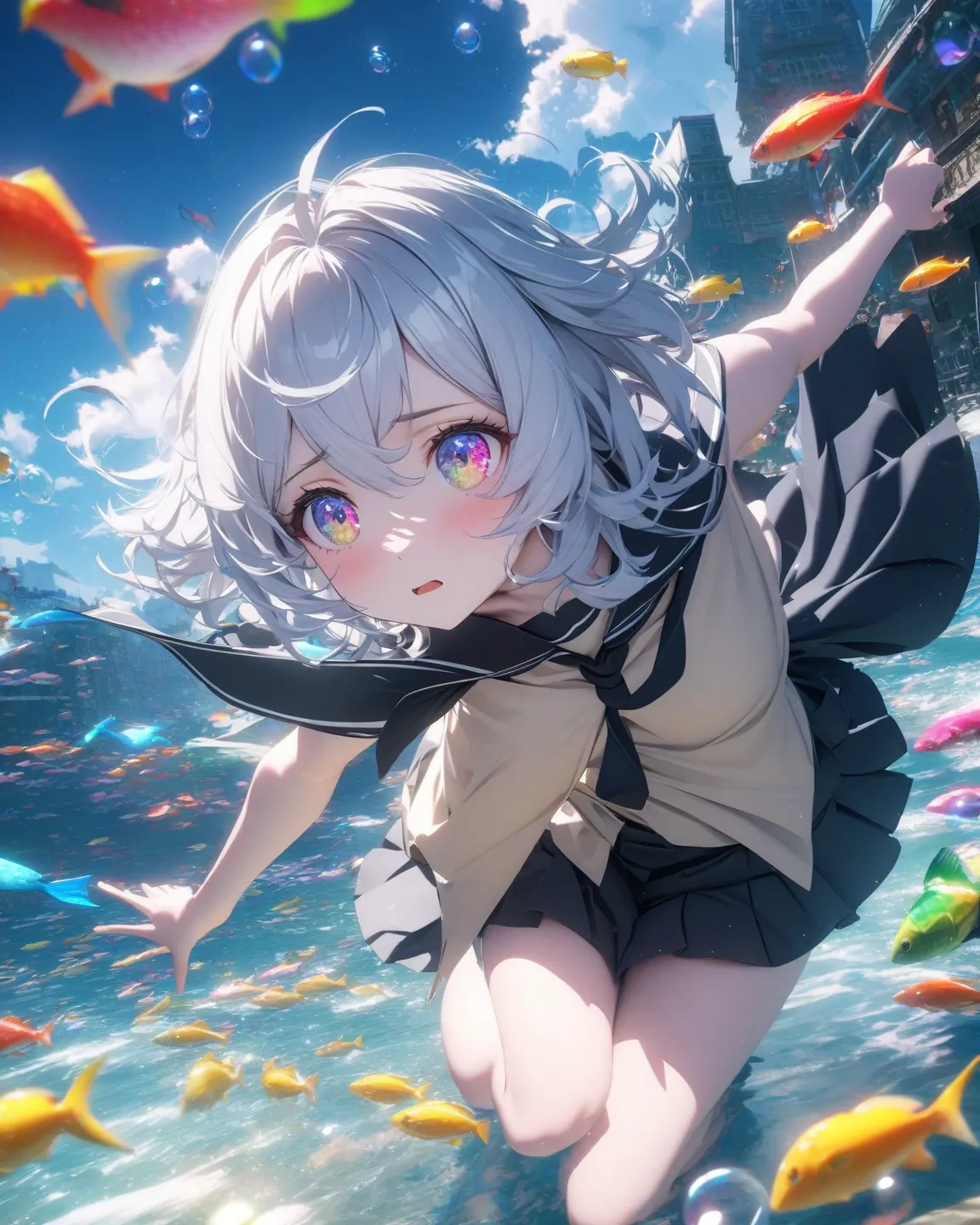 ( Female\( student, Age of s, Actually, YEAH., short hair, silver hair,  floating hair ,  cosmic-colored eyes ,  black sailor uniform \(from high school\), pale skin, tired face, No shine in the eyes \)  He is looking up at the sky ), ( There are many colo...