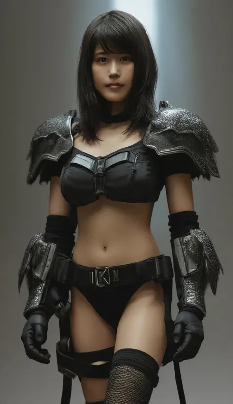 (( short bob cut hair  ))、 full body,   beautiful, Heavily armed,   wears heavy armored suits in a combat spaceship , BATTLE FORM   , Show a sturdy face,    fires a weapon inside her advanced weapon 、 Female Soldiers with Asian Characteristics, Kevlar Blac...