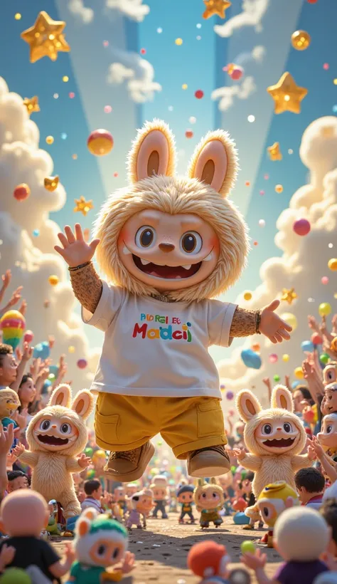 Labubu, still a giant, dancing happily with his small friends around him. The sky is bright, and the mood is cheerful. His T-shirt with "MADECI" stands out. Everyone is laughing and playing together.