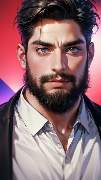 (    best quality,4K,8k,     highres,    masterpiece :1.2),    ultra-detailed    ,(Realistic,photoRealistic,photo-Realistic:1.37),36-year-old man,3 day beard,Beautiful anime,Portraits,strong,masculine,      with black hair  ,sharp jaw,         mesmerizing ...