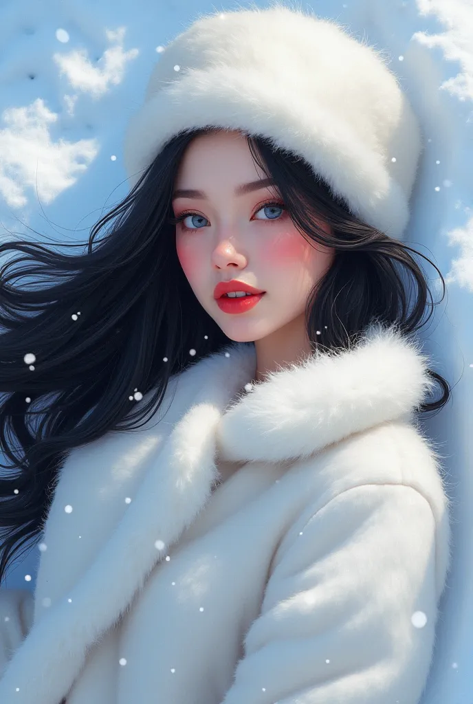 illustrated image,  Beautiful young woman , Lying in the snow during the day in the snow,  long jet black hair  ,Sapphire blue eyes,light porcelain skin , blushed cheeks,red lips,  beautiful y perfecto rostro ,  European features,23 years old, wears a whit...