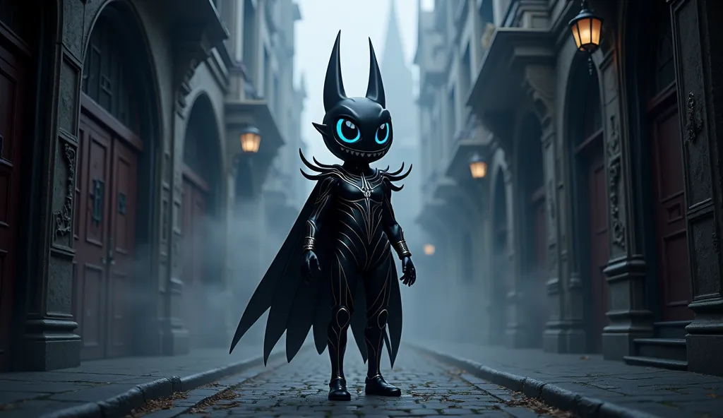 [Prompt: Labubu wearing a Blade costume, standing front-facing as if about to walk, in a foggy urban alley with gothic architecture and subtle dark tones, Labubu Style]
