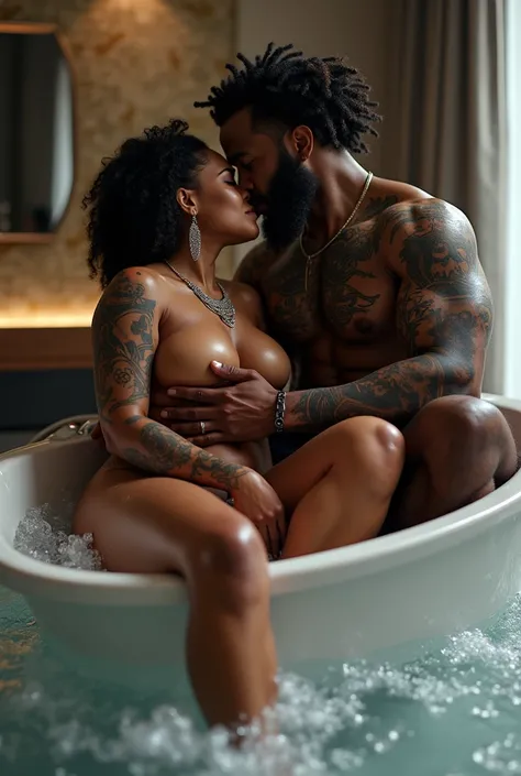 a couple laying in a bathing tub , both are opposite sides ,man is an alpha Tall,very strong, dark black skin big huge muscles rugged dark skin black, bulged american man,having a full, thick careless beard. He has curly, voluminous careless medium hair an...