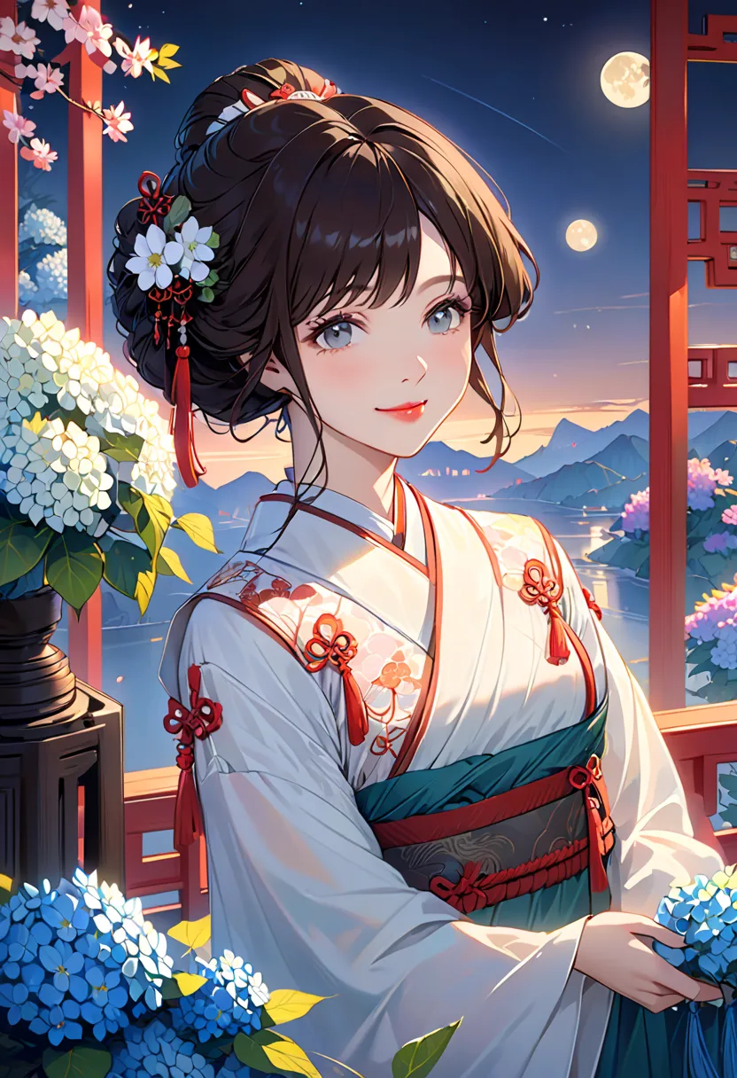 masterpiece, Highest, night ,  full moon,  female 1 person, mature woman, Chinese Style, ancient China, sister, Royal Sister, smile, dark brown hair,  with dark hair, princess cut, knitting glasses,  curly hair,  Double Ball Head,  pale pink lips ,  calm, ...