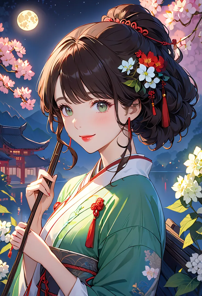 masterpiece, Highest, night ,  full moon,  female 1 person, mature woman, Chinese Style, ancient China, sister, Royal Sister, smile, dark brown hair,  with dark hair, princess cut, knitting glasses,  curly hair,  Double Ball Head,  pale pink lips ,  calm, ...